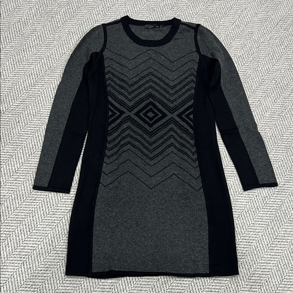 prAna Delia sweater dress in a charcoal and black wool blend, geometric pattern
